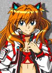  1girl animal_ears arm_at_side bangs blue_eyes cat_ears check_commentary choker commentary commentary_request eyebrows_visible_through_hair grey_background hair_between_eyes hair_ornament idol jacket long_hair looking_at_viewer neon_genesis_evangelion no_shirt orange_hair parody_request rebuild_of_evangelion red_choker red_neckwear shikinami_asuka_langley shiny shiny_hair skirt smile souryuu_asuka_langley strapless tubetop two_side_up upper_body white_jacket yamayoshi 