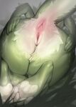 anthro anus barefoot biped butt feet female fingers fur genitals green_body green_fur green_scales green_tail multicolored_body multicolored_fur nude onm11 pussy scales scalie simple_background solo spread_butt spreading tail tail_anus white_body white_fur y_anus