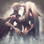  2girls angel_at_dusk biopunk breast_press breasts carapace claws dark-skinned_female dark_skin facing_another lanmoliwf laz-dba-dgiw medium_breasts multiple_girls official_art smile standing symmetrical_docking tail tentacle_hair toguromaki_kumoyuki wings yuri 