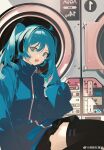  1girl :d absurdres black_skirt black_thighhighs blue_eyes blue_hair blue_jacket chongzhen_085 collared_jacket cowboy_shot ene_(kagerou_project) from_side highres jacket kagerou_project laundromat long_hair long_sleeves looking_at_viewer miniskirt open_mouth pleated_skirt skirt smile solo thighhighs track_jacket twintails washing_machine watermark weibo_username weibo_watermark zettai_ryouiki 