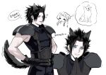  1boy 1girl ^_^ absurdres aerith_gainsborough animal animal_ears arm_up armor begging black_gloves black_hair black_pants black_shirt blue_eyes chinese_commentary closed_eyes commentary_request crisis_core_final_fantasy_vii curtained_hair dog dog_boy dog_ears dog_tail final_fantasy final_fantasy_vii gloves highres image_in_thought_bubble kemonomimi_mode looking_at_viewer male_focus multiple_views own_hands_together pants pauldrons qiongfanqiongsile shirt short_hair shoulder_armor simple_background smile sparkle speech_bubble suspenders tail tail_wagging teeth translation_request turtleneck white_background zack_fair 