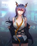  1girl arknights backlighting bangs bare_shoulders belt belt_buckle black_jacket black_shorts breasts buckle ch&#039;en_(arknights) cleavage closed_mouth collarbone cowboy_shot dragon_girl dragon_horns drakente expressionless hair_between_eyes highres holographic_interface horns jacket large_breasts long_hair long_sleeves looking_at_viewer low_twintails navel off_shoulder open_clothes open_jacket orange_neckwear pink_lips purple_hair red_eyes see-through shirt short_shorts shorts sidelocks solo twintails undressing white_shirt 