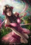  1girl aerith_gainsborough alexandra_mae artist_name banned_artist basket black_choker bracelet breasts brown_hair choker closed_mouth day dress final_fantasy final_fantasy_vii final_fantasy_vii_remake fingernails forehead from_above full_body green_eyes hand_on_own_thigh highres jacket jewelry large_breasts long_fingernails long_hair looking_at_viewer looking_up meadow off_shoulder on_grass on_ground open_clothes open_jacket outdoors petals pink_dress red_jacket short_sleeves signature sitting smile solo sunlight tri_braids wariza watermark web_address 