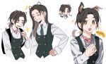  +++ 2girls absurdres animal_ears backpack bag bandana bandana_around_neck brown_eyes brown_hair chinese_commentary chinese_text collared_shirt commentary_request dog_ears fork friendly_rivalry green_vest highres holding holding_fork kemonomimi_mode long_hair long_sleeves low_ponytail molu_stranger multiple_girls open_mouth pink_bandana ponytail school_uniform shirt sparkling_eyes speech_bubble translated vest white_shirt woo_seul-gi yoo_je-i 