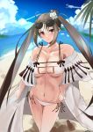 1girl aya_(user_ddya7452) bangs bare_shoulders beach bikini blue_sky blush breasts brown_eyes brown_hair cleavage closed_mouth collarbone consort_yu_(fate) earrings eyewear_on_head fate/grand_order fate_(series) hair_ornament hand_on_hip highres jewelry long_hair looking_at_viewer medium_breasts multiple_earrings navel open_clothes palm_tree robe shore sky sunglasses swimsuit thighs tree twintails very_long_hair white_bikini yu_miaoyi_(swimsuit_lancer) 