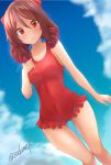  1girl ass_visible_through_thighs blue_sky bow breasts brown_hair casual_one-piece_swimsuit cloud commentary_request cowboy_shot dress_swimsuit drill_hair frilled_swimsuit frills hair_bow harukaze_(kantai_collection) highres kamijou_sadame kantai_collection looking_at_viewer one-piece_swimsuit red_bow red_eyes red_swimsuit sky small_breasts solo swimsuit twin_drills twitter_username 
