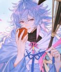  1boy ahoge apple bangs bishounen center_frills fate/grand_order fate_(series) flower flower_knot food fruit hair_between_eyes hair_ornament holding holding_food holding_fruit holding_staff holding_weapon hood hood_down hooded_robe long_hair long_sleeves male_focus merlin_(fate) multicolored_hair pants parted_lips petals pink_ribbon purple_eyes ribbon robe shaliva simple_background solo staff tassel turtleneck two-tone_hair upper_body very_long_hair weapon white_background white_hair white_robe wide_sleeves 