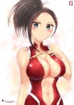  1girl artist_name bare_shoulders black_hair blue_eyes blush bodysuit boku_no_hero_academia breasts chinchongcha cleavage cleavage_cutout highres large_breasts long_hair looking_at_viewer navel_cutout red_bodysuit side_ponytail signature sleeveless_bodysuit solo upper_body yaoyorozu_momo 