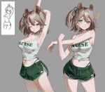  1girl absurdres alternate_costume ani_019 animal_ears arm_across_chest arm_behind_head armpits bare_arms bare_shoulders breasts brown_hair cleavage clothes_writing commentary cowboy_shot dolphin_shorts drawstring glowing_veins green_eyes green_shorts grey_background hair_between_eyes highres indie_virtual_youtuber large_breasts looking_at_viewer midriff multiple_views navel nimi_nightmare one_eye_closed one_side_up panty_straps reference_inset shirt shorts simple_background sketch_inset solo stretching sweat tank_top tapir_ears tapir_girl virtual_youtuber white_tank_top 