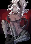  abs breasts dark_skin demon demon_humanoid female hair helltaker hi_res humanoid judgement_(helltaker) kinkymation mostly_nude muscular muscular_female muscular_humanoid not_furry pose solo spade_tail white_hair 