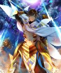  1boy abs ahoge arm_at_side arm_up black_gloves brown_hair cape cloud dark_skin dark_skinned_male egyptian egyptian_clothes eyebrows eyebrows_visible_through_hair fate/grand_order fate/prototype fate/prototype:_fragments_of_blue_and_silver fate_(series) futaba_hazuki gauntlets gloves highres holding holding_staff jewelry lightning lightning_bolt looking_at_viewer male_focus muscle necklace ozymandias_(fate) parted_lips pyramid sand shirtless shrug_(clothing) sky smirk solo staff white_cape yellow_eyes 