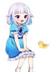  1girl :d animal bird blue_dress blue_hair blue_neckwear blush collared_dress commentary_request dress duck feet_out_of_frame frilled_dress frills hair_flaps lize_helesta looking_at_viewer multicolored_hair nijisanji open_mouth puffy_short_sleeves puffy_sleeves purple_eyes sebastian_piyodore shoes short_sleeves silver_hair simple_background sitting smile two-tone_hair virtual_youtuber white_background white_footwear yamabukiiro younger 