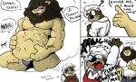 anthro apron baker belt bodily_fluids bottomwear brown_mane bulge character_name chef_hat clothed clothed_male clothing comic dialogue duo english_text fantasy fatal_vore felid fur gurgle_(sound_effect) hair hat headgear headwear imminent_digestion lion male male/male mammal mane membrane_(anatomy) muffled muffled_screaming mustelid otter pandottermon pantherine pants question_mark red_apron red_clothing rumbling_stomach running scared shirt speech_bubble speedo struggling struggling_prey swimwear tan_body tan_fur tears tears_of_fear text topwear vore webbed_hands white_hair
