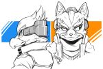  2018 anthro armor avian beak bird black_and_white canid canine clothed clothing duo eyebrows falco_lombardi feathers fox fox_mccloud green_eyes headphones inner_ear_fluff jacket male mammal monochrome nintendo pterro signature smile star_fox topwear tuft video_games whiskers 