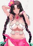  1girl bangs bare_shoulders bikini black_hair blush bracelet braid breasts chest_tattoo cleavage closed_mouth facial_mark fate/grand_order fate_(series) flower forehead_mark hair_flower hair_ornament highres jewelry large_breasts long_hair looking_at_viewer multicolored_hair navel necklace parted_bangs pearl_bracelet pearl_necklace pink_hair sarong seashell_necklace sesshouin_kiara sesshouin_kiara_(swimsuit_mooncancer)_(fate) smile streaked_hair swimsuit tattoo thighs tomel twin_braids very_long_hair water_drop white_bikini yellow_eyes 