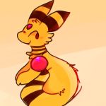  1:1 ambiguous_gender ampharos feral fur nightynight nintendo pok&eacute;mon pok&eacute;mon_(species) red_eyes simple_background smile solo striped_ears striped_neck striped_tail stripes video_games yellow_body yellow_fur 