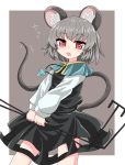  1girl animal_ears bangs black_dress blue_capelet bright_pupils capelet chups dowsing_rod dress eyebrows_visible_through_hair grey_background grey_hair highres jewelry long_sleeves looking_at_viewer mouse mouse_ears mouse_tail nazrin open_mouth pendant red_eyes shirt short_hair simple_background solo tail teeth touhou white_shirt white_sleeves 