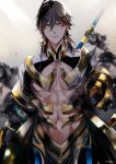  1boy abs ahoge artist_name black_gloves brown_hair cape dark_skin dark_skinned_male egyptian egyptian_clothes fate/grand_order fate/prototype fate/prototype:_fragments_of_blue_and_silver fate_(series) gauntlets gloves grey_background hair_between_eyes holding holding_staff jewelry looking_at_viewer male_focus muscle necklace ozymandias_(fate) sakura_hitsuji shirtless shrug_(clothing) simple_background smoke solo staff white_cape yellow_eyes 