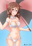  1girl anti_(untea9) bikini blue_background bow breasts brown_hair cleavage commentary_request cosplay cowboy_shot detached_collar drill_hair fletcher_(kantai_collection) fletcher_(kantai_collection)_(cosplay) hair_bow harukaze_(kantai_collection) highres kantai_collection long_hair looking_at_viewer medium_breasts navel red_bow red_eyes solo swimsuit twin_drills twitter_username two-tone_umbrella white_bikini 