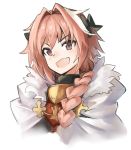  1boy armor astolfo_(fate) black_bow bow braid cloak darkers eyebrows eyebrows_visible_through_hair fang fate/apocrypha fate/grand_order fate_(series) fur-trimmed_cloak fur_trim gorget hair_bow hair_intakes happy highres long_braid long_hair looking_at_viewer male_focus multicolored_hair open_mouth otoko_no_ko pink_hair purple_eyes simple_background single_braid smile solo streaked_hair upper_body white_background white_cloak 
