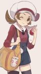  1girl bag black_legwear blue_overalls blush brown_eyes brown_hair closed_mouth commentary cowboy_shot eyelashes hagi_machico hat hat_ribbon highres holding holding_poke_ball holding_strap kotone_(pokemon) looking_at_viewer one_eye_closed overalls poke_ball poke_ball_(basic) pokegear pokemon pokemon_(game) pokemon_hgss ribbon smile solo thighhighs twintails white_background white_headwear 
