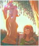  2girls absurdres aqua_panties arm_up armchair artist_name asimov_(spindle_(aidenr0)) back back_focus bead_curtain black_headband blush book border breasts brown_hair butt_crack chair collarbone curtains elf facing_another green_eyes green_shirt hair_bun headband highres holding holding_book holding_own_arm lens_flare looking_at_another medium_hair messy_hair multiple_girls on_chair open_book original ottilie_(spindle_(aidenr0)) panties parted_lips pillow pointy_ears shirt sideboob sitting sky small_breasts spindle_(aidenr0) standing stretching sun_glare topless_female underwear white_border white_hair wide-eyed yellow_sky yuri 