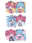  2girls ahoge aqua_eyes aqua_hair black_necktie blue_sailor_collar blush chinese_clothes commentary_request confetti deformed double_bun drill_hair gakuran hair_bun hatsune_miku hiro_0607 jiangshi_costume kasane_teto mars_symbol mesmerizer_(vocaloid) multiple_girls multiple_views neckerchief necktie odochina_(vocaloid) ofuda ofuda_on_head red_eyes red_hair red_neckerchief sailor_collar sailor_shirt school_uniform shirt simple_background soreike!_chimarupoman_(vocaloid) speech_bubble striped_clothes striped_shirt sweat tongue tongue_out twin_drills twintails utau venus_symbol vertical-striped_clothes vertical-striped_shirt vocaloid white_background 