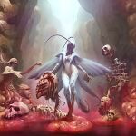  1girl angel_at_dusk antennae biopunk blood blood_on_feet blood_on_hands body_fur body_horror brain breasts exposed_brain holding_detached_head lanmoliwf-mopopo medium_breasts monster_girl official_art pyocoletos ribs severed_head skeleton skull standing tail toguromaki_kumoyuki wings 
