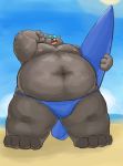  2020 anthro belly black_body black_fur bulge canid canine canis clothing domestic_dog fur hi_res kemono male mammal moobs nipples obese obese_anthro obese_male outside overweight overweight_anthro overweight_male solo surfboard swimwear vehicle watercraft yuuh1212 