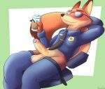  anthro beverage canid canine clothed clothing costume disney eyewear fox genitals hi_res holding_beverage holding_object humanoid_genitalia humanoid_penis laid_back male mammal mazilion nick_wilde pants_down partially_clothed penis police police_uniform simple_background smile solo sunglasses uncut uniform zootopia 