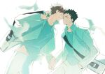  2boys absurdres arm_up bag black_hair blue_shirt brown_hair chinese_commentary closed_eyes commentary_request crew_neck forehead-to-forehead grin haikyuu!! hand_in_pocket heads_together highres holding holding_bag holding_hands iwaizumi_hajime jacket lapels long_sleeves male_focus midriff_peek multiple_boys oikawa_tooru_(haikyuu!!) pants popped_collar shirt short_hair shoulder_bag smile suit_jacket sunsuntree teeth white_background white_jacket white_pants yaoi 