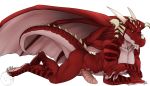  2017 absurd_res anthro claws dragon erection genitals hi_res horn looking_at_viewer lying male muscular muscular_anthro muscular_male nerton on_front penis red_body ribbed_penis simple_background solo spikes white_background wings yellow_eyes 