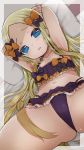  1girl abigail_williams_(fate/grand_order) armpits arms_behind_head arms_up ass bangs bed_sheet blonde_hair blue_eyes blush bow fate/grand_order fate_(series) frilled_swimsuit frills hair_bow highres izuoku long_hair looking_at_viewer lying navel on_back orange_bow parted_bangs pillow purple_bow sidelocks solo spread_legs sweat swimsuit very_long_hair 