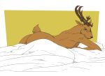  2020 a-side anthro antlers beastars bed bed_sheet bedding brown_body brown_eyes brown_fur butt cervid cervine fur furniture horn looking_at_viewer louis_(beastars) male mammal nude pillow pose red_deer seductive solo 