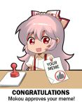  1girl bow chibi congratulations english_text fujiwara_no_mokou hair_bow long_hair paper paper_stack red_eyes rubber_stamp shangguan_feiying simple_background solo thumbs_up touhou white_background 