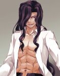  1boy abs black_hair black_pants collared_shirt evil_grin evil_smile grin hair_over_one_eye lo_lis long_hair looking_at_viewer male_focus melty_blood michael_roa_valdamjong muscular muscular_male open_clothes open_fly open_shirt pants pectorals red_eyes shirt simple_background smile tsukihime upper_body very_long_hair white_shirt 