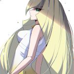  1girl arms_at_sides bangs blonde_hair breasts closed_mouth commentary dress english_commentary eyelashes gradient_dress green_eyes highres long_hair looking_at_viewer looking_to_the_side lury.sgh lusamine_(pokemon) mature pokemon pokemon_(game) pokemon_sm shadow solo sparkle upper_body very_long_hair white_background 