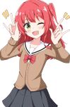  1girl ;d \m/ aikawa_ryou blush bocchi_the_rock! bow brown_cardigan cardigan commentary_request double_\m/ green_eyes grey_skirt hands_up highres kita_ikuyo long_hair looking_at_viewer notice_lines one_eye_closed one_side_up pleated_skirt red_bow red_hair sailor_collar school_uniform serafuku shirt simple_background skirt smile solo white_background white_sailor_collar white_shirt 
