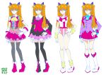  1girl animal_ears arm_at_side bangs bare_legs black_legwear blue_eyes blue_neckwear boots bow bowtie cat_ears check_commentary commentary commentary_request dress eyebrows_visible_through_hair gloves hair_between_eyes hair_ornament hand_on_hip idol leotard long_hair multicolored multicolored_clothes multicolored_dress neon_genesis_evangelion orange_hair pink_leotard pink_neckwear rebuild_of_evangelion shikinami_asuka_langley shoes simple_background souryuu_asuka_langley standing tagme thighhighs two_side_up variations white_background white_footwear wristband yamayoshi yellow_neckwear zettai_ryouiki 