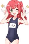  1girl ;d \m/ aikawa_ryou bare_arms bare_shoulders blue_one-piece_swimsuit blush bocchi_the_rock! collarbone covered_navel double_\m/ flat_chest green_eyes hands_up highres kita_ikuyo long_hair looking_at_viewer notice_lines old_school_swimsuit one-piece_swimsuit one_eye_closed one_side_up red_hair school_swimsuit simple_background smile solo swimsuit white_background 