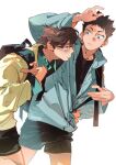 2boys arm_around_waist atie1225 backpack bag bespectacled black_bag black_shirt black_shorts blue_jacket blush brown_eyes brown_hair closed_mouth commentary crew_neck eye_contact glasses haikyuu!! highres hood hood_down hooded_jacket iwaizumi_hajime jacket long_sleeves looking_at_another male_focus multiple_boys oikawa_tooru_(haikyuu!!) partially_unzipped semi-rimless_eyewear shirt shorts simple_background symbol-only_commentary walking white_background yellow_jacket 