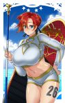  1girl blue_eyes boudica_(fate/grand_order) braid breasts cleavage fate/grand_order fate_(series) french_braid izuna_nie large_breasts looking_at_viewer number_tattoo polearm red_hair solo surfboard swimsuit tattoo thigh_tattoo weapon 