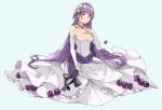  1girl absurdly_long_hair blush braid breasts cleavage commission commissioner_upload dress fingerless_gloves fire_emblem fire_emblem:_the_binding_blade fire_emblem_heroes flower gloves hair_flower hair_ornament highres holding long_hair medium_breasts purple_eyes purple_hair sakuremi signature simple_background smile solo sophia_(fire_emblem) very_long_hair wedding_dress white_dress 