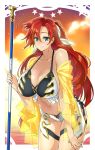  1girl blue_eyes boudica_(fate/grand_order) breasts cleavage fate/grand_order fate_(series) izuna_nie large_breasts long_hair looking_at_viewer polearm red_hair smile solo swimsuit weapon 
