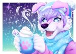 2022 5_fingers anthro artist_name beanie beverage black_eyebrows blue_beanie blue_clothing blue_eyes blue_hat blue_headwear blue_scarf bust_portrait candy candy_cane canid canine canis cheek_tuft chocolate clothed clothed_anthro clothed_male clothing colored container cup dairy_products dessert digital_drawing_(artwork) digital_media_(artwork) domestic_dog english_description eyebrows eyelashes facial_tuft fangs femboy fingers floppy_ears food fur hair hat headgear headwear holding_beverage holding_container holding_cup holding_mug holding_object hot_chocolate husky kuddlykodiak light lighting male male_anthro mammal markings mug multicolored_body multicolored_fur nonbinary_(lore) nordic_sled_dog open_mouth open_smile outline pink_body pink_clothing pink_fur pink_sweater pink_tongue pink_topwear portrait purple_hair purple_markings purple_nose scarf shaded skylar_(twihusky) smile snow snowing solo spitz star_pupils steam sweater teeth text tongue topwear tuft whipped_cream white_body white_fur white_inner_ear white_outline winter