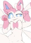 anthro blue_eyes cheesefries eeveelution female fur generation_6_pokemon hi_res looking_at_viewer mammal nintendo pawpads paws pink_body pink_fur pokemon pokemon_(species) semi-anthro simple_background solo sylveon tongue tongue_out white_body
