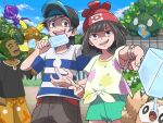  1girl 2boys afterimage alolan_raichu baseball_cap black_hair black_shirt closed_eyes collarbone dark-skinned_male dark_skin elio_(pokemon) food green_hair green_shorts grey_eyes hat hau_(pokemon) jelicle_yasuda looking_at_viewer multiple_boys open_mouth outdoors poipole pokemon pokemon_(creature) pokemon_sm popsicle rowlet selene_(pokemon) shaded_face shirt shorts smirk tongue tongue_out trubbish z-ring 