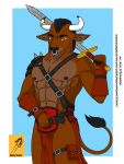  3:4 absurd_res anthro armor belt bovid bovine brown_body brown_fur bulge bull_horns cattle clothing drekkorwolfsoul ear_piercing ear_ring facial_piercing fur golden_earrings hi_res horn horn_ring loincloth male mammal melee_weapon muscular muscular_anthro muscular_male nipples nose_piercing nose_ring piercing simple_background solo sword weapon yellow_eyes 