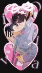  2boys absurdres arms_around_neck bag black_background black_eyes black_hair blush brown_eyes brown_hair chinese_commentary clothes_grab collared_shirt commentary_request eye_contact haikyuu!! hand_on_another&#039;s_head heart highres iwaizumi_hajime kiss leaf looking_at_another male_focus multiple_boys necktie necktie_grab neckwear_grab oikawa_tooru_(haikyuu!!) open_collar profile red_necktie ribbon shirt simple_background sketch sunsuntree white_shirt wing_collar yaoi 