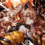  1girl bare_shoulders black_horns black_nails blurry blurry_background blush brown_hair closed_mouth commentary_request crossed_bangs demon_horns dot_nose hair_between_eyes hair_horns highres holding holding_picture_frame horns jacket kagase_uno long_hair looking_to_the_side nana_tetra open_clothes open_jacket orange_eyes picture_frame shirt solo twintails unzipped upper_body versen virtual_youtuber white_shirt wide_sleeves yellow_jacket 